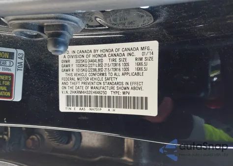 2014 Honda Cr-V Lx z USA, uszkodzony, nr VIN 2HKRM4H32EH646250